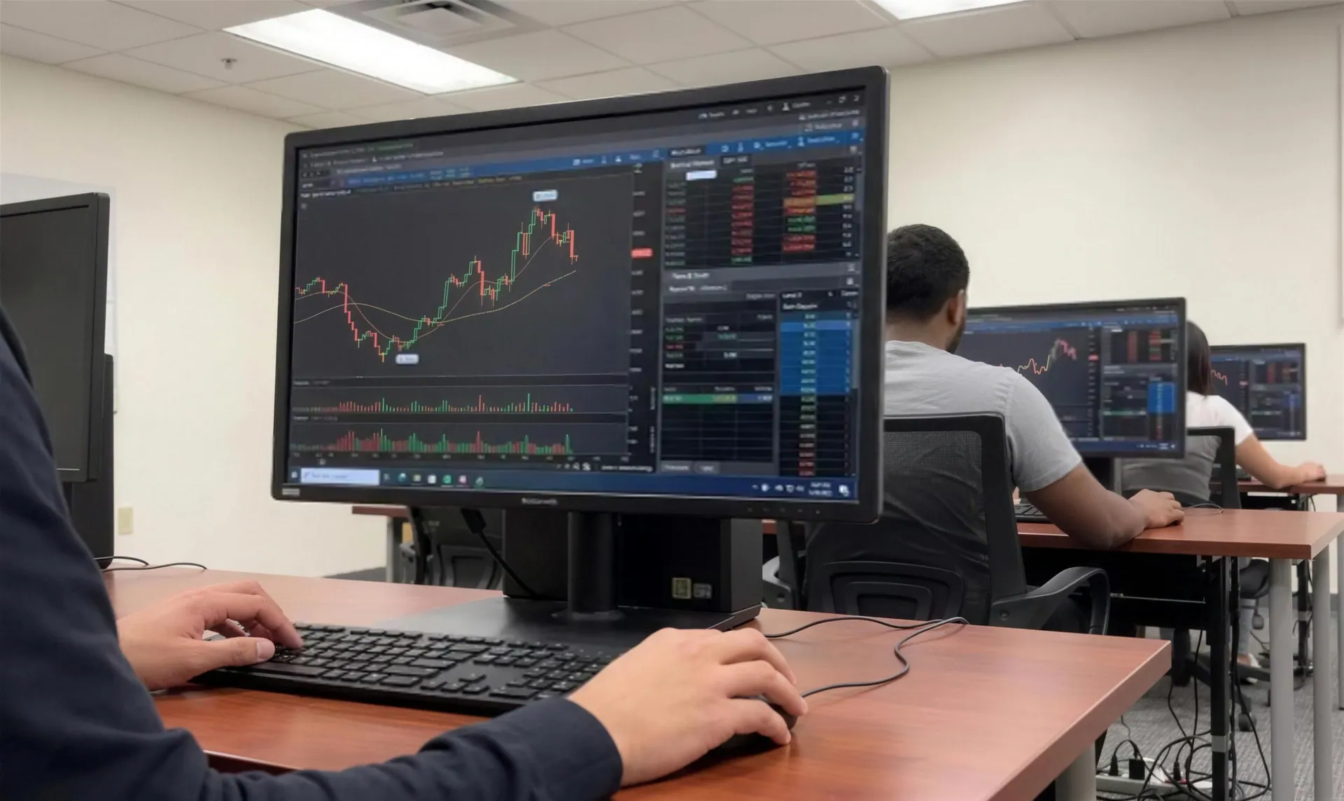 A student at a trading station, hands on the keyboard and mouse, a live chart on screen and the class working behind.